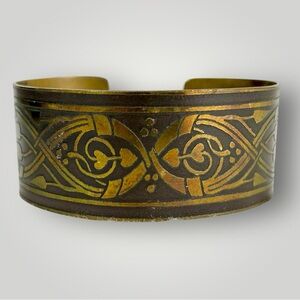Vintage Damascene Celtic Brass Cuff Bracelet Engraved
